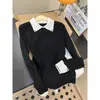 Camiseta base de punto de alta gama con bloques de color estilo Miu y cuello polo para mujer, top interior tipo suéter ajustado estilo francés para primavera y otoño