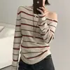 Design Coreano Manga Longa Listrada Ombro a Ombro Tricô Feminino Outono Nova Chegada Emagrecedor Versátil Top Ombro a Ombro