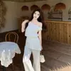 Conjunto de Dos Piezas para Tallas Grandes de Chica Gordita: Top Corto Asimétrico de un Solo Hombro + Pantalones de Micro Campana Irregulares Elegantes Reductores que Cubren los Glúteos