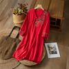 Vestido Chinês de Algodão e Linho de Alta Qualidade Estilo Étnico Retrô Decote V Bordado Comprimento Médio Fino Solto Branco