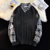 Camisa de Punto con Costuras Falsas de Dos Piezas Ge Hua para Hombre Estilo Japonés Cuadros Holgada Estilo Universitario Marca de Moda Chaleco Casual para Pareja