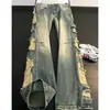 Jeans Americano Retrô Lavado Desgastado Rasgado para Homens, Marca Tendência de Verão, Estilo de Rua Cool, Calças Retas Slimming Flare