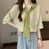 Top Rayado de Manga Larga Holgado, Camisa de Primavera para Mujer, Abrigo de Media Manga, Elegante y a la Moda Camisa Chal