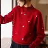 Suéter Jacquard Amor Outono e Inverno Casual 100% Lã Feminino Preguiçoso Top Base Gola Alta Meia Vermelho 2025