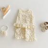 Conjunto de Verano para Niñas Top de Tirantes Floral de Estilo Coreano Moderno Camisa de Muñeca Pantalones de Encaje de Pierna Ancha