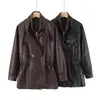 Exportación Transfronteriza Ropa de Mujer Otoño 2025 Estilo Europeo y Americano Doble Cuello Doble Botonadura Cintura Chaqueta de PU Chaqueta para Mujer G92531