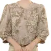 Dropshipping 2026 Verano Nuevo Estilo Cuello Redondo Estampada Juvenil Versátil Simple Elegante Manga Tres Cuartos Blusa de Gasa para Mujer