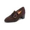 Zapatos Retro de Cuero Gamuzado con Tacón Grueso para Mujer, Primavera 2026, Adecuados para Faldas, Mocasines sin Cordones, Planos de Estilo Francés