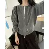 Cardigan Feminino Zíper 100% Lã Novo Outono/Inverno 2026, Suéter Gola Redonda, Modelagem Solta, Cor Sólida, Casaco de Tricô Fashion
