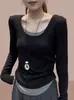 Algodón puro, diseño de dos piezas simulado, camiseta interior de manga larga para mujer, nueva colección otoño 2026, ajustada y estilizada, estilo pullover, negro