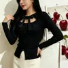 Nuevo suéter de punto estilo coreano para otoño e invierno con cuello redondo, corbata de lazo y botón en forma de corazón, top de manga larga para mujer