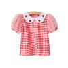 Coreano Roupas Infantis 2024 Verão Camisa das Meninas Red Plaid Morango Bordado Lotus Leaf Collar Spinning Vessel Bolha Manga Curta Top