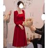 Vestido Burdeos para Registro de Matrimonio, Vestido de Compromiso, Vestido para Brindis Estilo Francés, Vestido Largo de Manga Larga para Compromiso