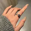 Anel Aberto Estilo Francês de Cânhamo Genuíno Cinza com Pérola Negra de Taiti para Mulheres, Design de Nicho de Luxo Leve com Sensação de Alto Padrão, Anel para Dedo Indicador