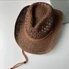 Chapéu de Palha Trançado Vintage Feminino Estilo Western com Cordão Ajustável Chapéu de Cavaleiro Chapéu de Sol de Verão para a Praia