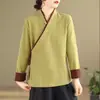 Camisa Hanfu modificada estilo chinês retrô com gravata diagonal para mulheres, corte solto, tamanho grande, traje de chá inspirado no Zen, top de algodão e linho para primavera