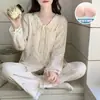 Pijama Derong para Mujer con Almohadillas para el Pecho Otoño e Invierno Nuevo Estilo Coreano Dulce Sencillo de Manga Larga Engrosado Cálido Conjunto de Ropa para el Hogar