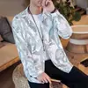 2026 Camisa de Manga Longa com Estampa de Grou Estilo Japonês Hong Kong Ins Solta Masculina Verão Tendência Versátil Jaqueta Casual