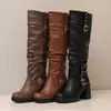 Botas de Couro Femininas Outono/Inverno 35-44 Bico Redondo Salto Médio Cano Alto, Cor Sólida Salto Médio Solado Grosso Antiderrapante Calce Fácil Salto Quadrado Botas de Equitação