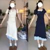 Vestido coreano fresco y dulce de dos piezas falsas para mujer Primavera y Verano Nuevo estilo Asimétrico con cordón Fruncido en la cintura Halter Falda larga
