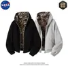 Sudadera Cardigan Reversible Estampado Leopardo Marca Nasa para Hombre Otoño High Street Guapo Holgada Tendencia Marca Empalme Chaqueta con Capucha