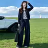 Ootd conjunto de roupa estilo relaxado para mulheres primavera e outono nova chegada suéter de malha emendado falso duas peças calça reta de perna larga conjunto de duas peças
