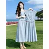Traje Azul Suave para Mulheres, Novo Estilo de Verão, Camisa Casual Coreana, Saia de Cintura Alta, Conjunto de Duas Peças para Início de Outono
