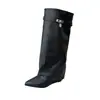 Bota calça de salto plataforma com bico fino e fivela metálica, estilo europeu e americano, para 2026, tamanhos grandes 36-42, cano alto com zíper lateral