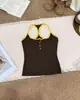 3640# Primavera Nuevo Color Block Camisola Acolchada Diseño de Botones Versátil Tirante Delgado Crop Top Mujer
