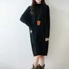 2025 Novo Suéter de Lã 100% Pura Gola Alta Meia Outono e Inverno Vestido Feminino Solto Comprimento do Joelho Vestido Suéter Básico Tricotado