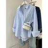 Jaqueta Camisa Azul para Mulheres, Design de Primavera e Outono, Camisa de Nicho para Figuras Baixas, Blusa Casual Solta de Manga Longa em Camadas