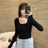 Top liso de manga larga ajustado con cuello en U para mujer, nuevo estilo coreano de otoño, camiseta elegante de cintura alta
