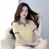 Camiseta de Ganchillo Calada de Manga Corta con Cuello Camisero para Mujer, Nueva Camiseta Básica Estilo Verano