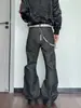 Calça Jeans Masculina Patchwork de Sarja Crua Rígida com Costura Contrastante Desconstruída Design de Nicho Perna Larga Micro Flare Curva Pequena