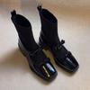 Edição Lanci~Botas Stretch Slim de Couro Patente com Laço Doce e Cool para Mulheres, Bico Quadrado, Efeito Emagrecedor, Salto Bloco, Botas Meia de Couro Macio Pretas