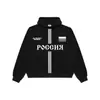 Sudadera con capucha estampada de rayas blancas y negras estilo callejero americano con letras rusas de nicho, corte holgado, peso pesado, hombros caídos
