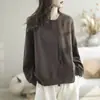 Sudadera de Punto Redonda para Primavera y Otoño Color Sólido Holgada Algodón Puro Top Pequeño Casual Diseño Adelgazante Top