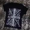 Nueva Camiseta de Verano Estilo Europeo y Americano, Sudadera con Estampado de Cruz Gótica con Pedrería, Cuello Redondo, Corte Ajustado, Top Corto