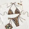 Nuevo Bikini Sexy Europeo y Americano Estampado Animal Estampado Leopardo Cuello Halter Bikini con Cuentas Exportación a Amazon Ropa de Baño