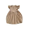 Ropa infantil estilo coreano Vestido de niña con pliegues franceses Colección de verano 2025 con cuello alto y mangas volantes, dulce vestido de princesa