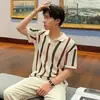 Camisa Polo de Punto de Manga Corta para Hombre con Cuello Polo, Cuello en V, Rayas, Estilo Old Money, Diseño Hueco, Verano, Venta al por Mayor de Fábrica Transfronteriza
