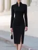 Venda Quente Transfronteiriça Vestido Preto de Gola Alta Manga Longa Feminino Slim Fit Justo no Quadril Comprimento Médio Fenda Vestido de Festa Peça Única Saia