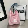 Bolsa de Lona Xadrez Color Block Grande Capacidade Feminina Casual Simples de Ombro Único Bolsa de Compras Estudante Fofa para Passeio