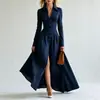 E-commerce transfronteiriço, estilo europeu e americano, nova coleção de verão: um vestido shirt elegante de manga comprida com gola alta, frente abotoada e cintura marcada com saia evasê
