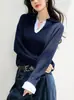 Suéter de punto azul marino, nuevo estilo otoño e invierno, tejido elegante y moderno para mujer, suéter de cuello redondo de manga larga maduro y adelgazante