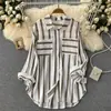2023 Verão Primavera Outono Nova Camisa Listrada Vertical de Comprimento Médio Multicolorido Jaqueta Feminina Estilo Coreano Casual Solta Top
