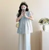 Verano 2025 Nuevo Top de Camisa Muñeca con Manga Plisada de Pétalo Pantalones de Cintura Baja Ropa Exterior Pequeña Traje para Mujer Embarazada