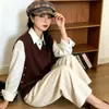 Chaleco de Punto con Cuello en V en Capas para Mujer Holgado Botón Lateral Otoño Invierno Nuevo Suéter Cárdigan
