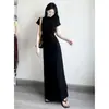 Vestido Negro de Manga Corta Estilo Francés para Mujer, Estilo Otoño, Ajustado, Ceñido a la Cintura, Impresionante Vestido Largo que Resalta las Caderas