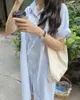 Vestido de verano de algodón estilo camisa, holgado, simple, fresco, de un solo botón, arrugado